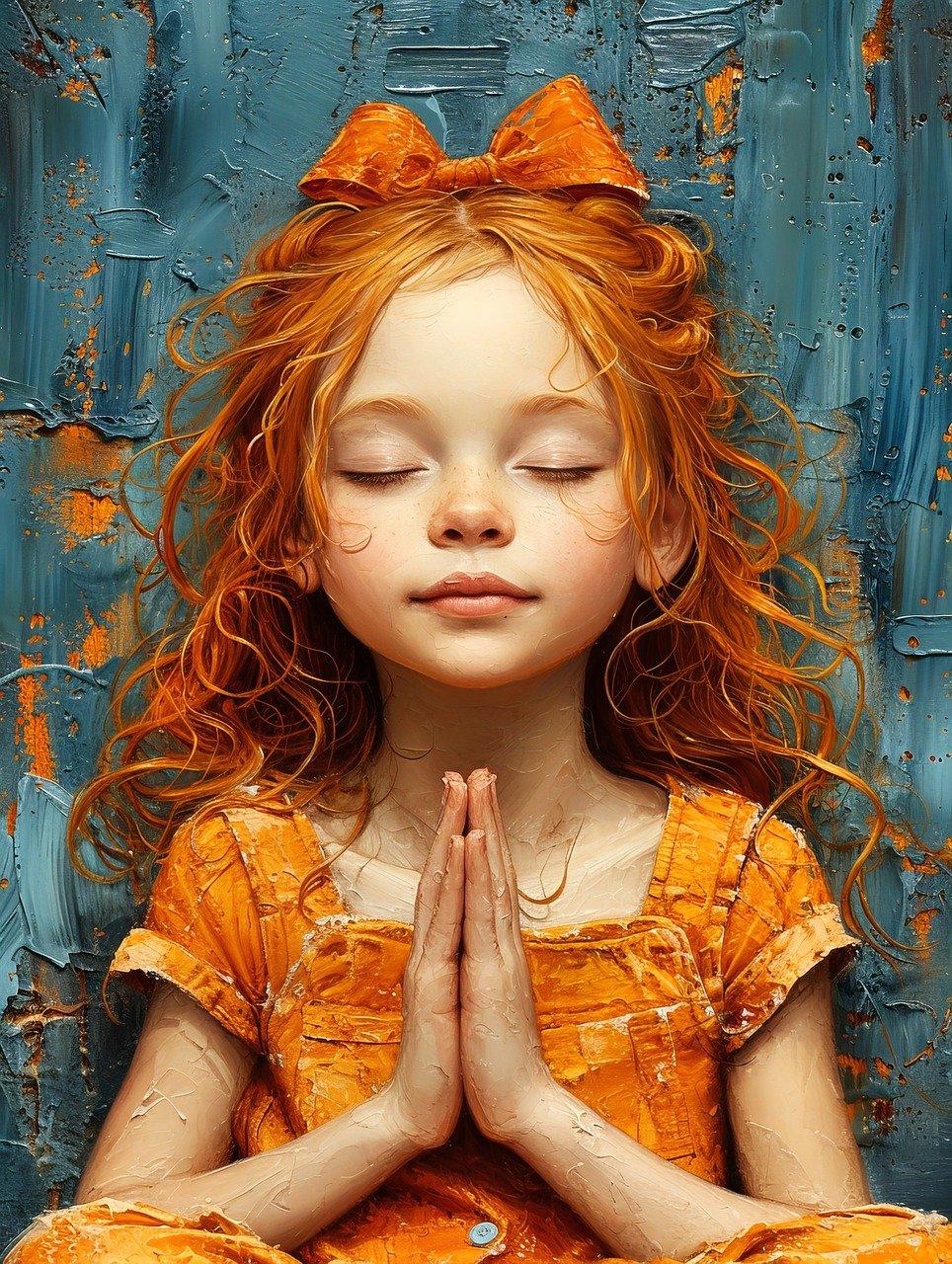 fille rousse qui à les mains jointes