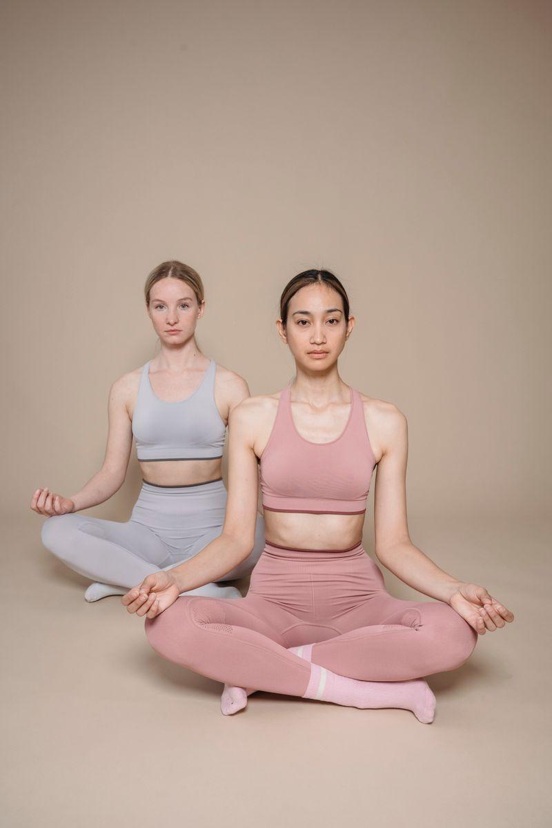 Deux femmes en vetements de sport meditant a l interieur s9v0dar3e32du1tcyuzp